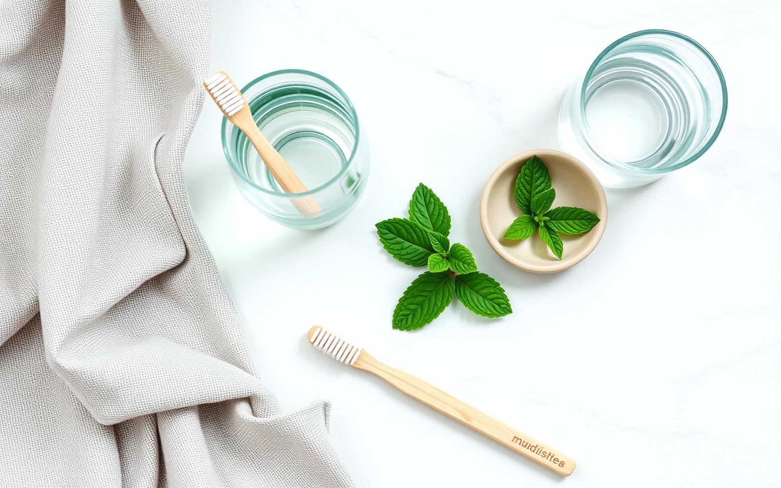 Clean oral care essentials on a marble surface